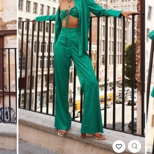 Emerald Jacquard Pants & Crop Top Set